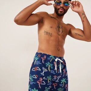 Men's Navy Swim Shorts with Tropical Print